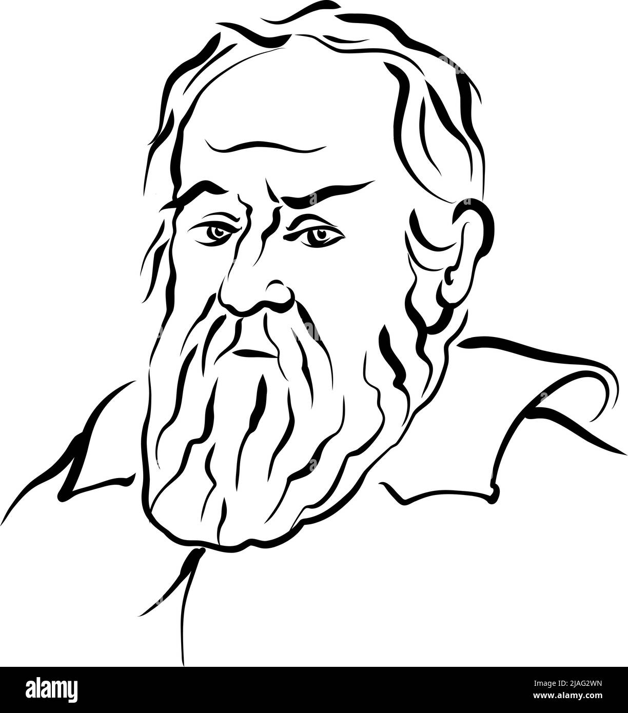 Galileo Galilei modern vector drawing. Hand-drawn outline sketch by artist Knut Hebstreit. Drawing for use on any marketing project and for resale as Stock Vector