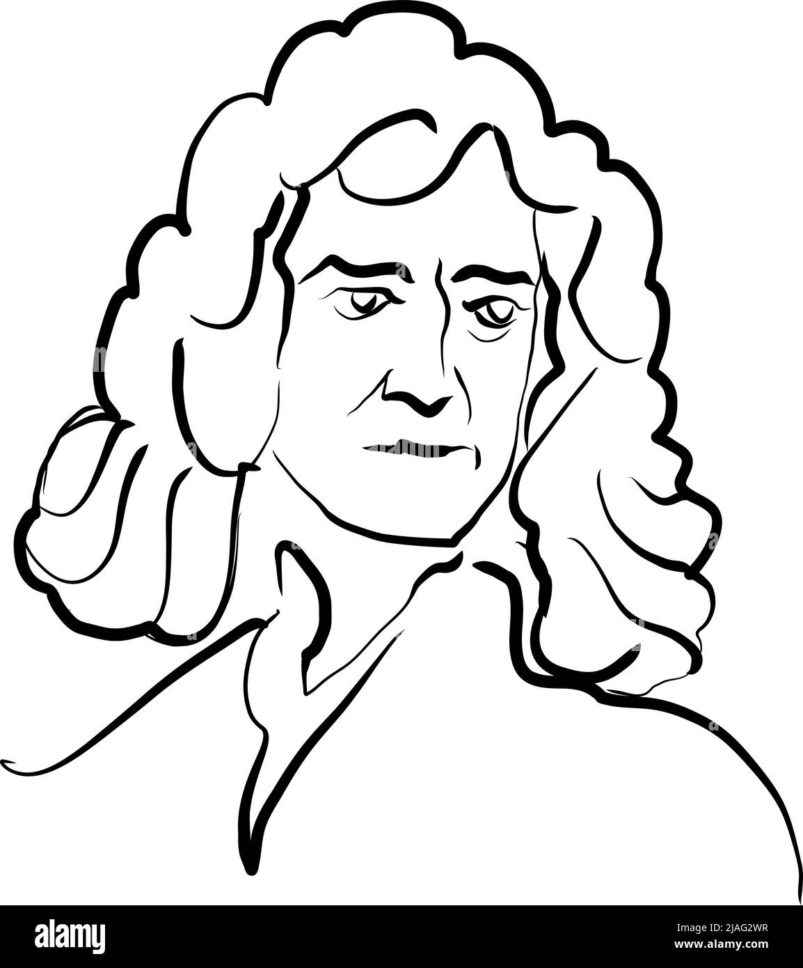 Isaac Newton modern vector drawing. Hand-drawn outline sketch by artist Knut Hebstreit. Drawing for use on any marketing project and for resale as pri Stock Vector