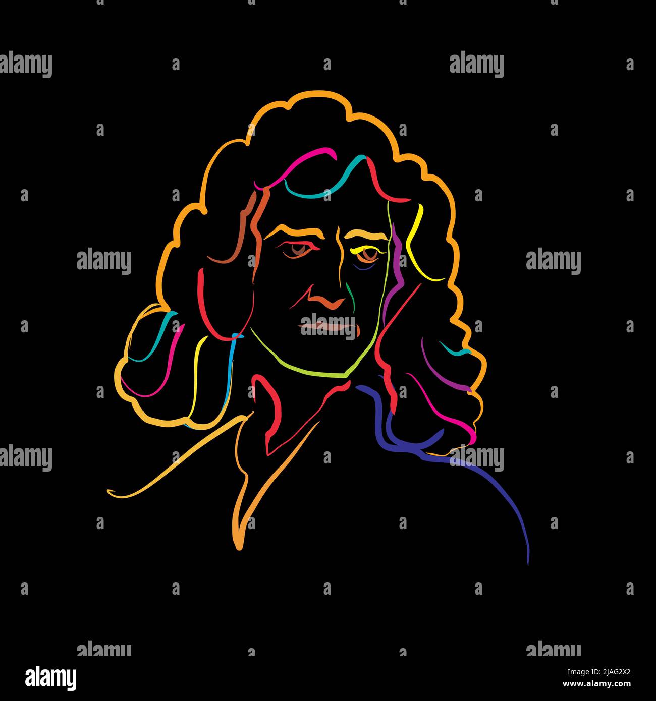 Isaac Newton crazy colorful outline vector drawing. Hand-drawn outline sketch by artist Knut Hebstreit. Drawing for use on any marketing project and f Stock Vector