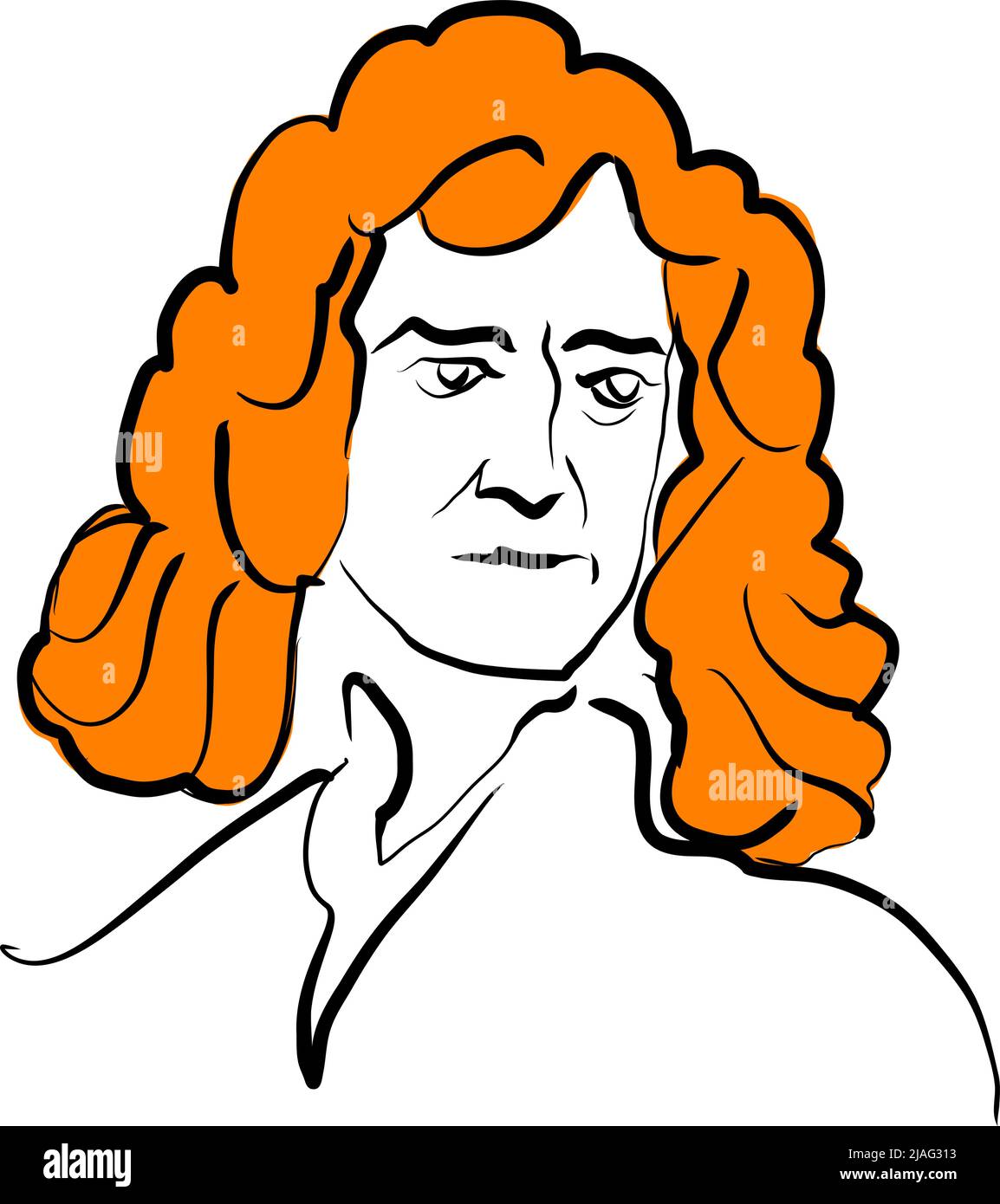 Isaac Newton vector drawing with surface for hair. Hand-drawn outline sketch by artist Knut Hebstreit. Drawing for use on any marketing project and fo Stock Vector