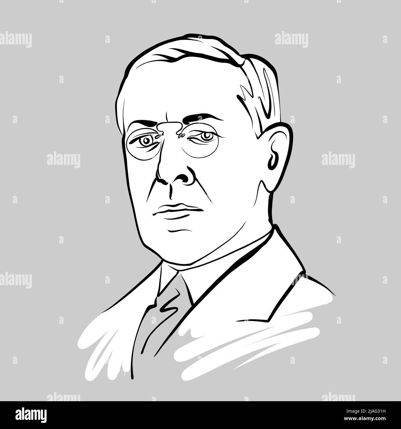 Woodrow Wilson modern vector drawing. Hand-drawn outline sketch by artist Knut Hebstreit. Drawing for use on any marketing project and for resale as p Stock Vector