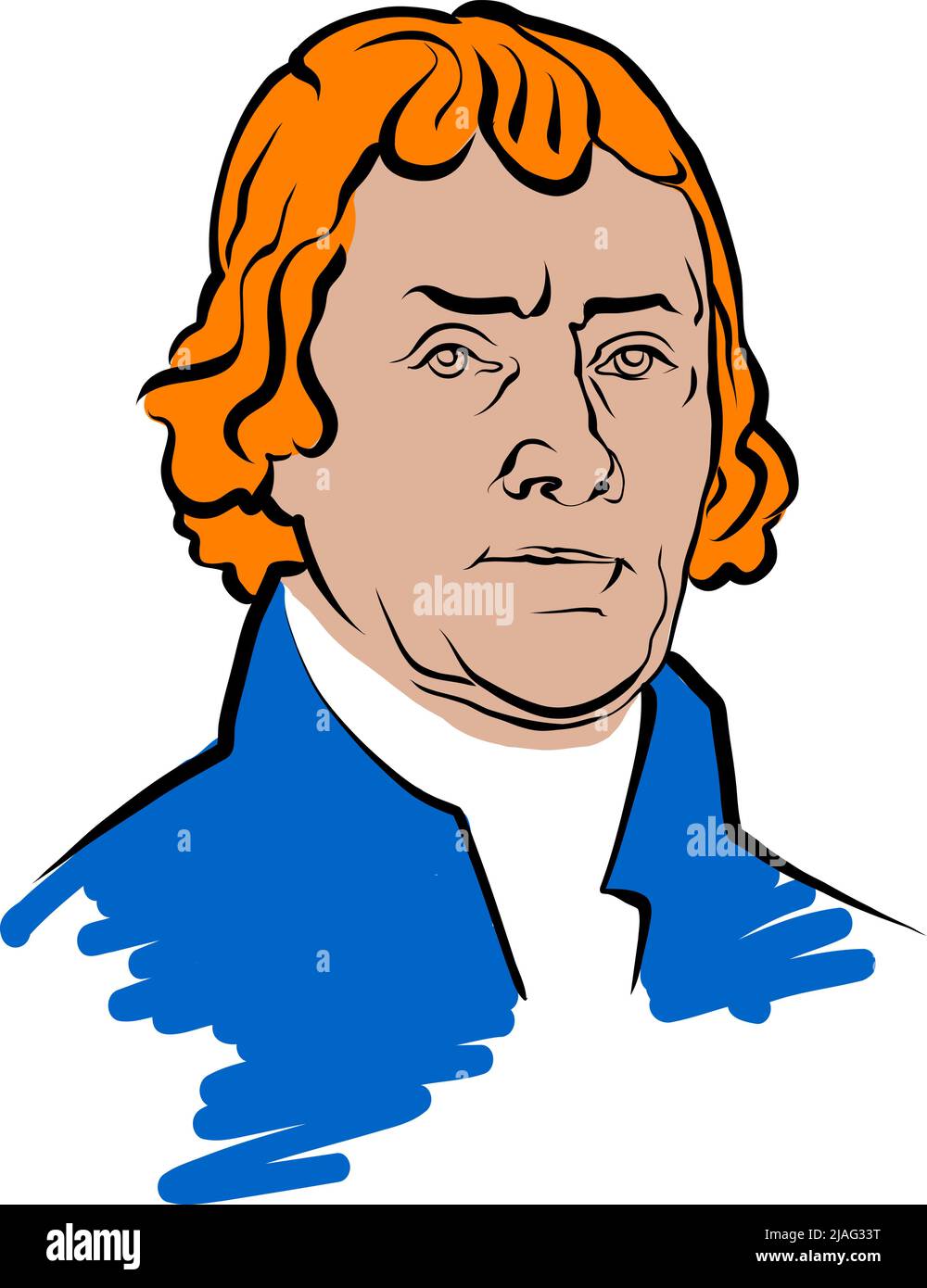 Thomas Jefferson vector drawing with colored surfaces. Hand-drawn outline sketch by artist Knut Hebstreit. Drawing for use on any marketing project an Stock Vector