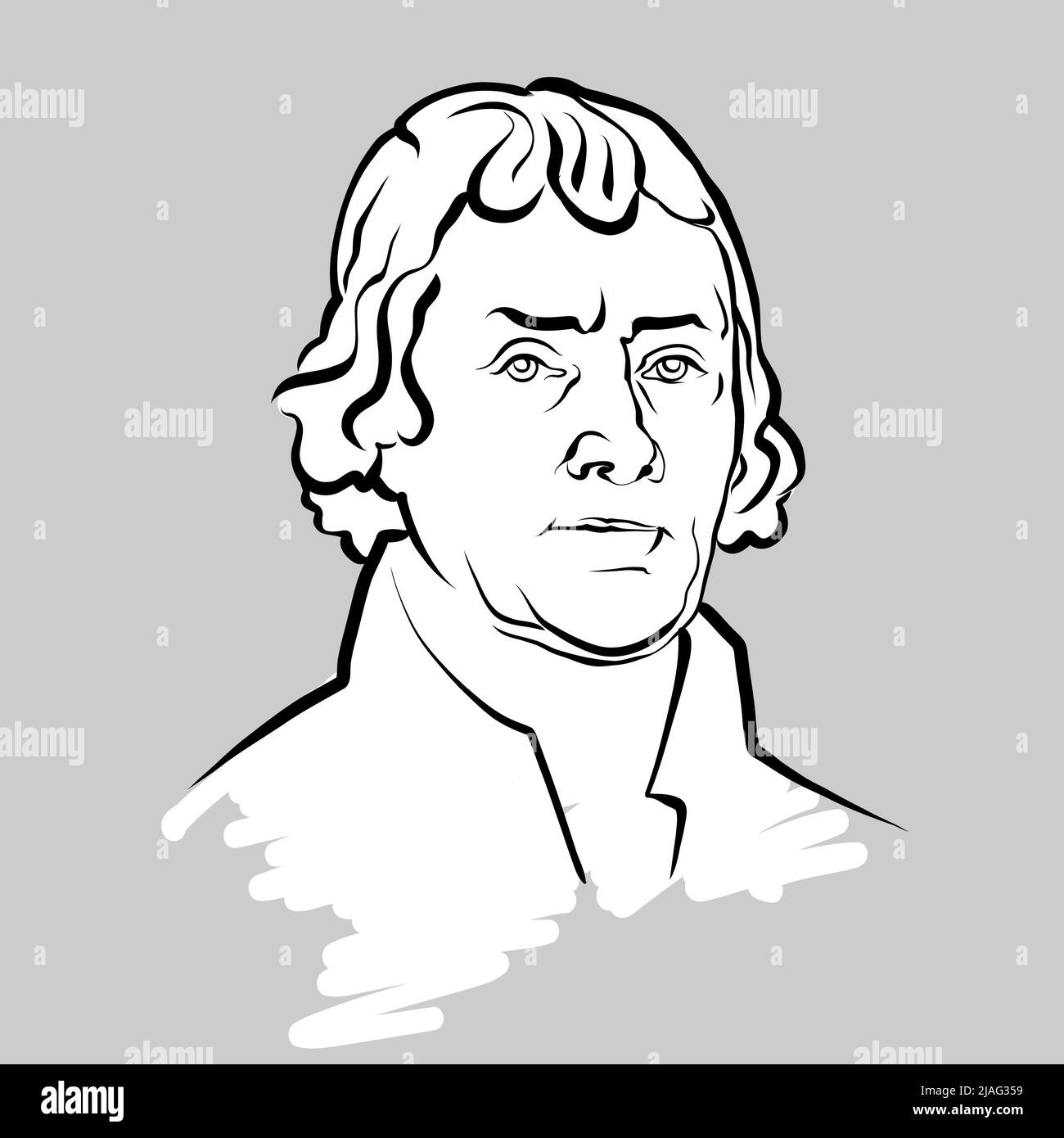 Thomas Jefferson modern vector drawing. Hand-drawn outline sketch by artist Knut Hebstreit. Drawing for use on any marketing project and for resale as Stock Vector