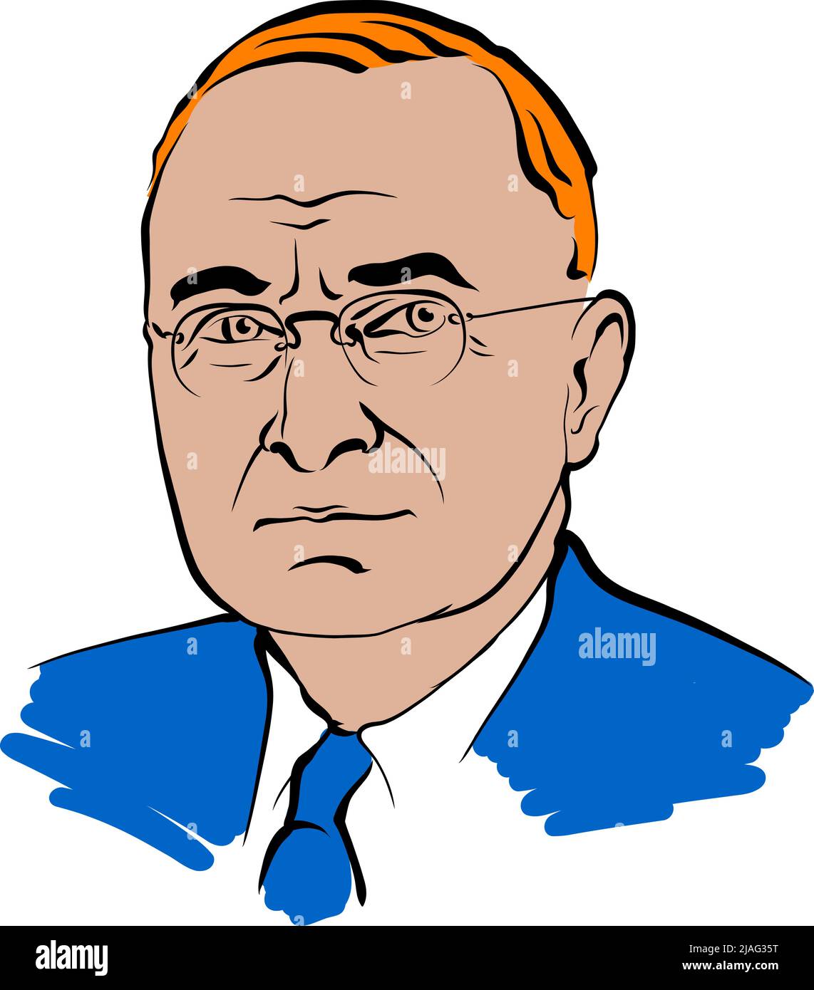 Harry S. Truman vector drawing with colored surfaces. Hand-drawn outline sketch by artist Knut Hebstreit. Drawing for use on any marketing project and Stock Vector
