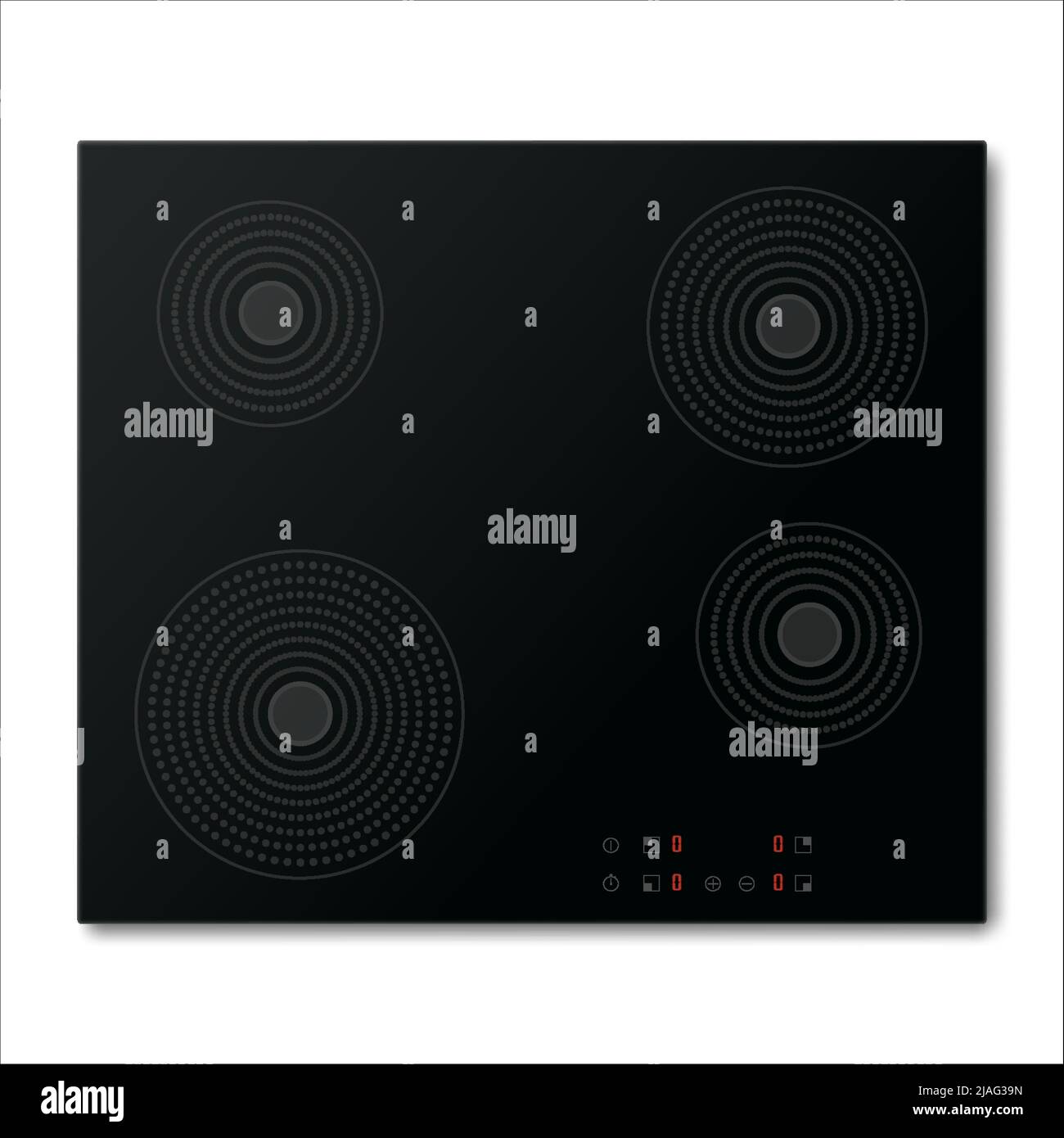 Electric stove induction cooktop with four power boost burners. Domestic equipment. Realistic smooth surface ceramic black glass. Electric hob. Top vi Stock Vector