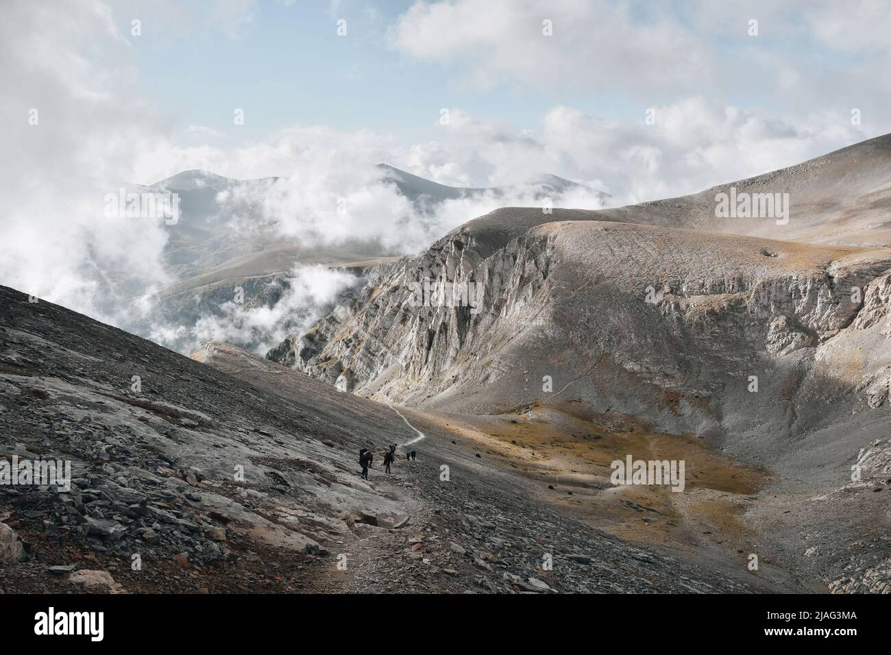 Distant view of Enipeas Gorge on Mount Olympus, the highest mountain of ...