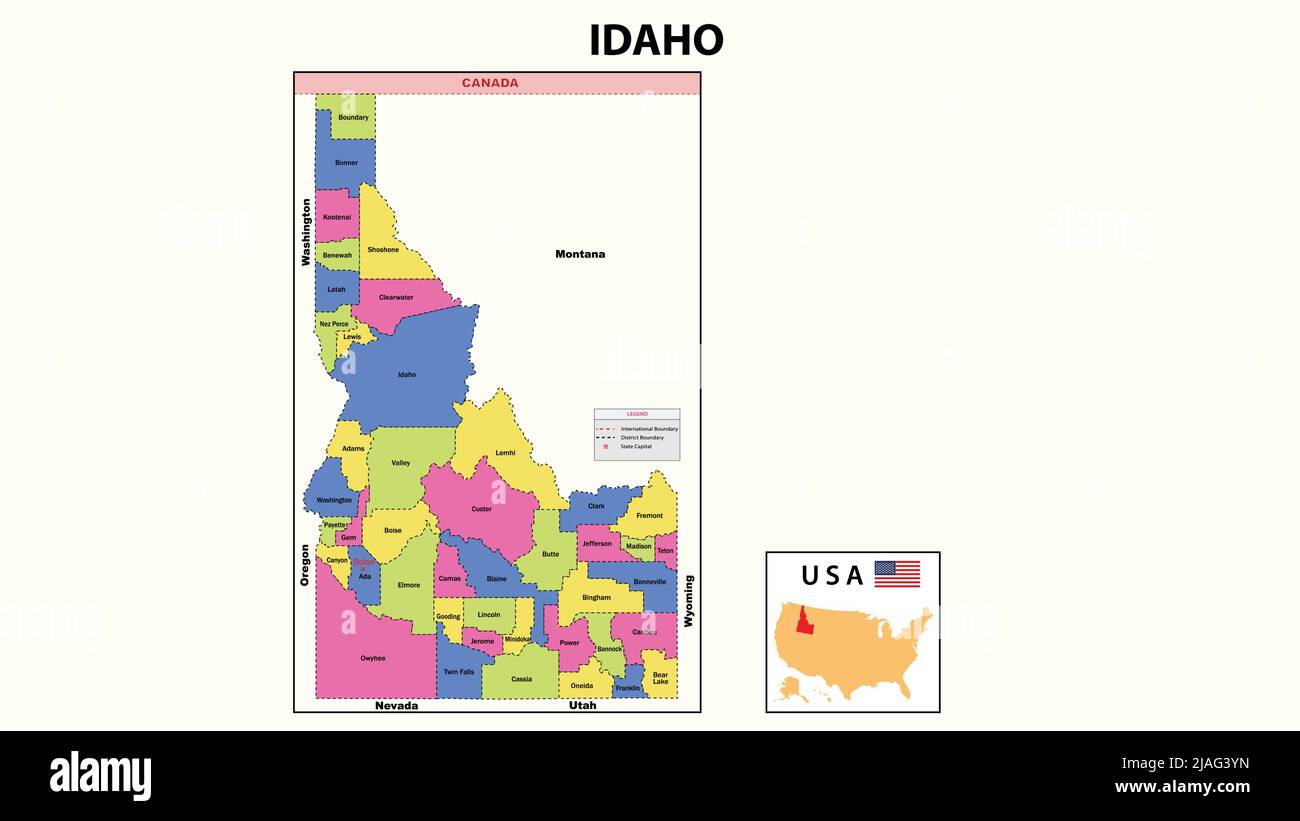 Idaho Map. State and district map of Idaho. Political map of Idaho with neighboring countries and borders. Stock Vector