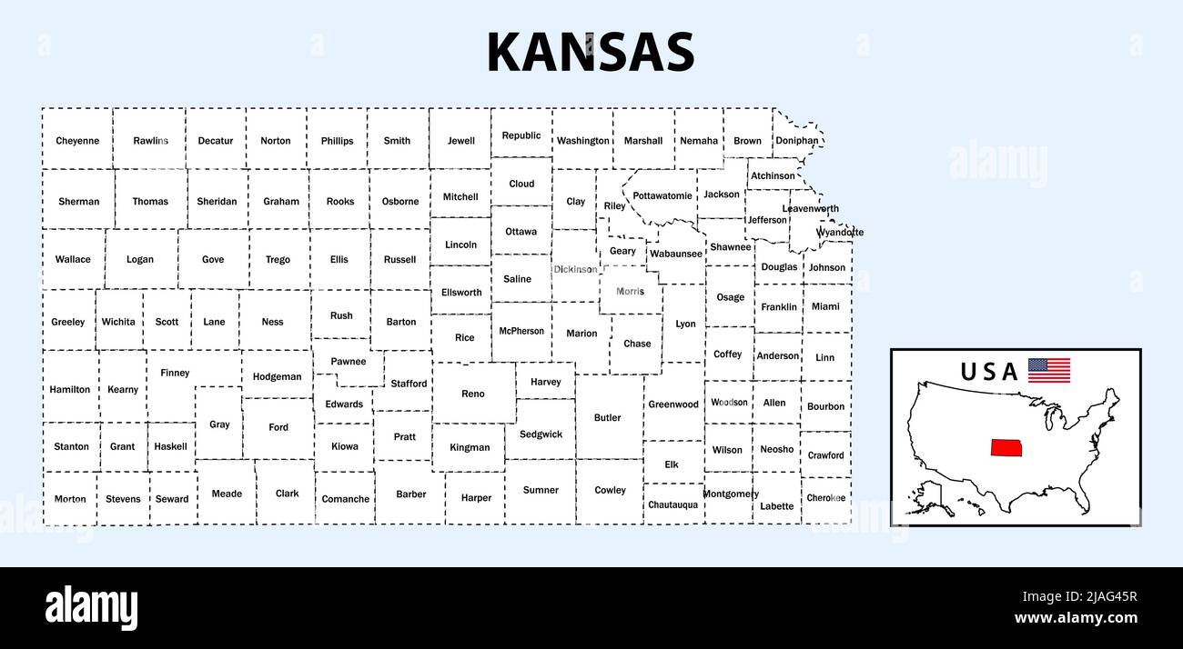 Kansas Map. State and district map of Kansas. Political map of Kansas