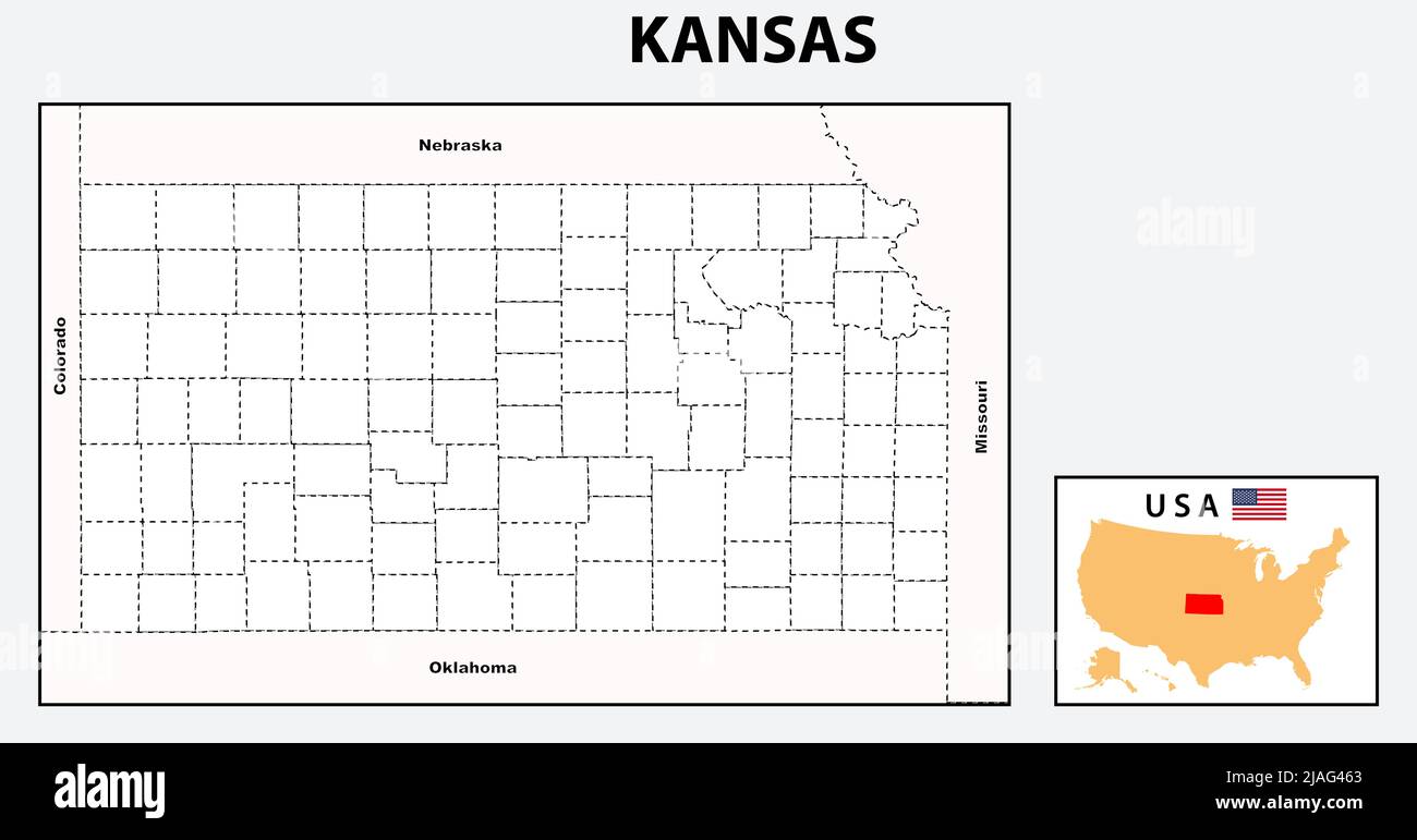 Kansas Map. Political map of Kansas with boundaries in Outline Stock