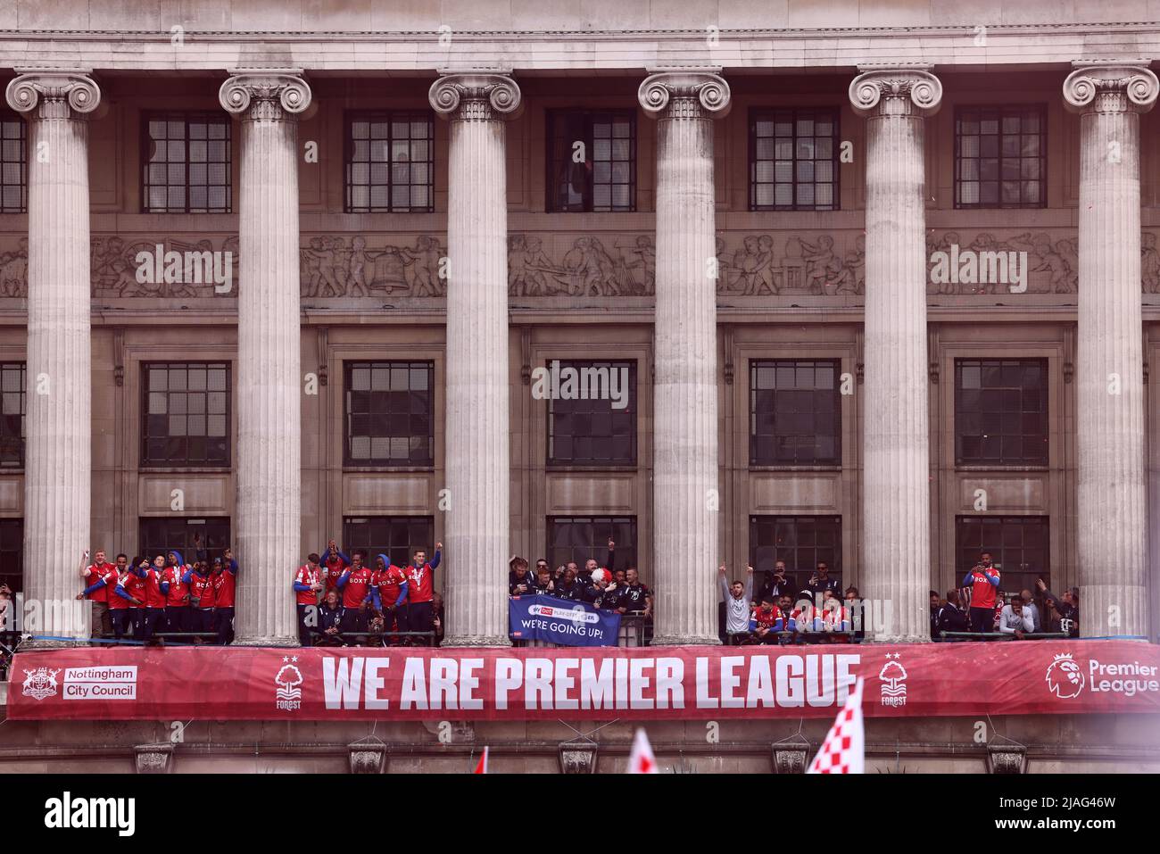 Nottingham, Nottinghamshire, UK. 30th May 2022. The Nottingham Forest soccer team celebrate their promotion to the Premier League on the balcony of the Council Building. Credit Darren Staples/Alamy Live News. Stock Photo