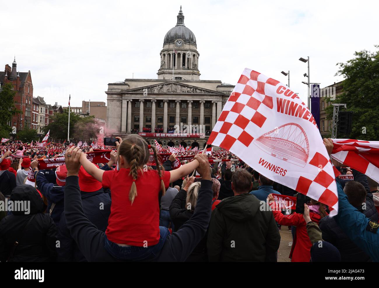 Nottingham, Nottinghamshire, UK. 30th May 2022. Fana watch the Nottingham Forest soccer team celebrate their promotion to the Premier League on the balcony of the Council Building. Credit Darren Staples/Alamy Live News. Stock Photo