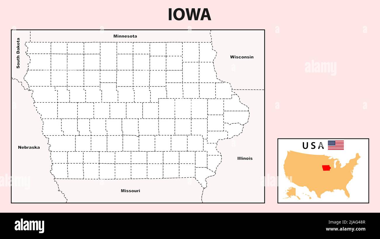 Iowa Map. Political map of Iowa with boundaries in Outline. Stock Vector