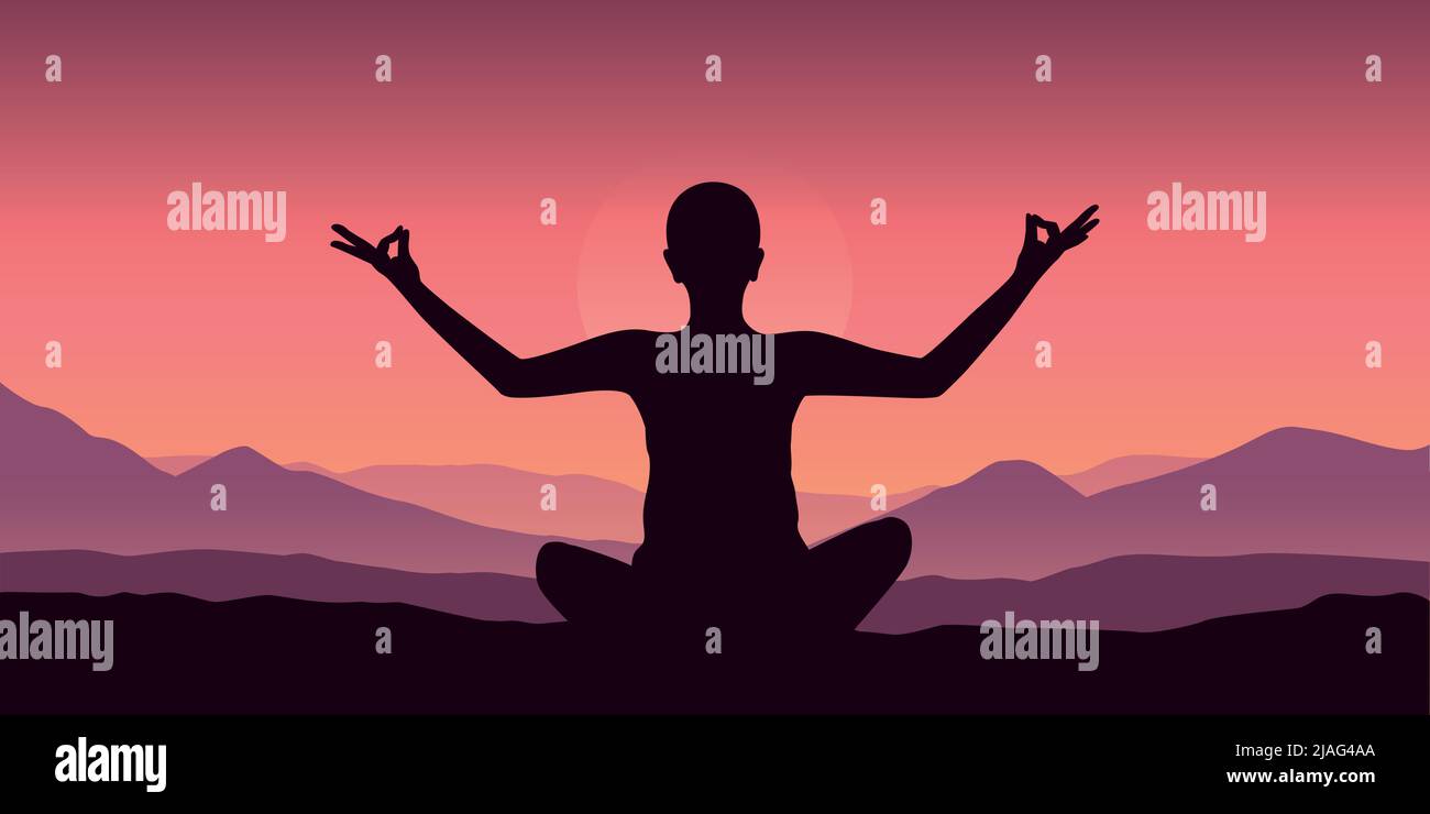 meditation human silhouette with purple mountains background Stock Vector