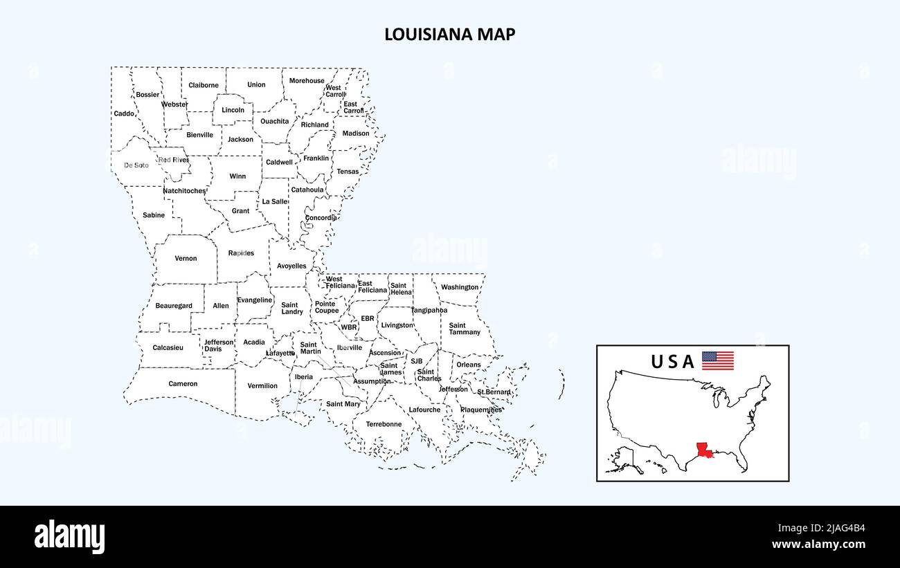 Louisiana Map. State and district map of Louisiana. Administrative map of Louisiana with district and capital in white color. Stock Vector