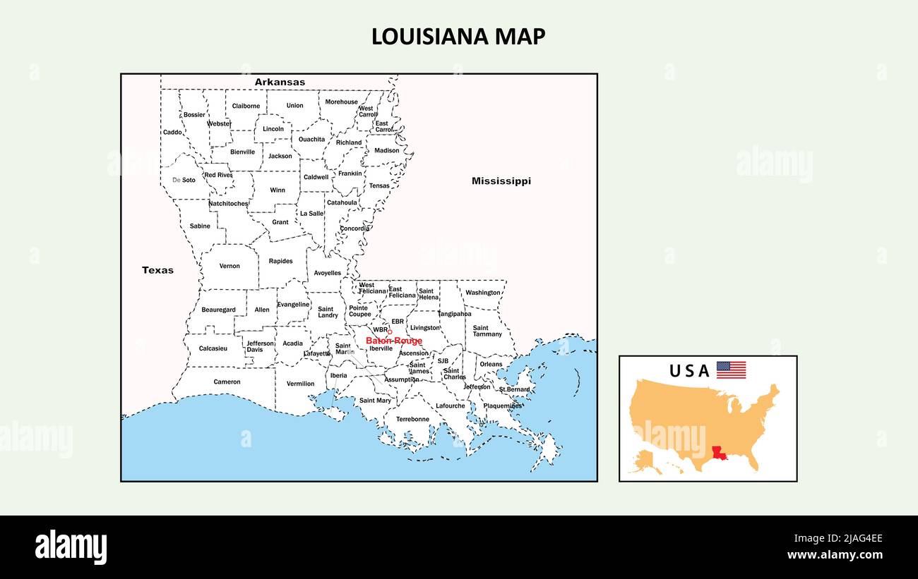 Louisiana Map. Political map of Louisiana with boundaries in white color. Stock Vector