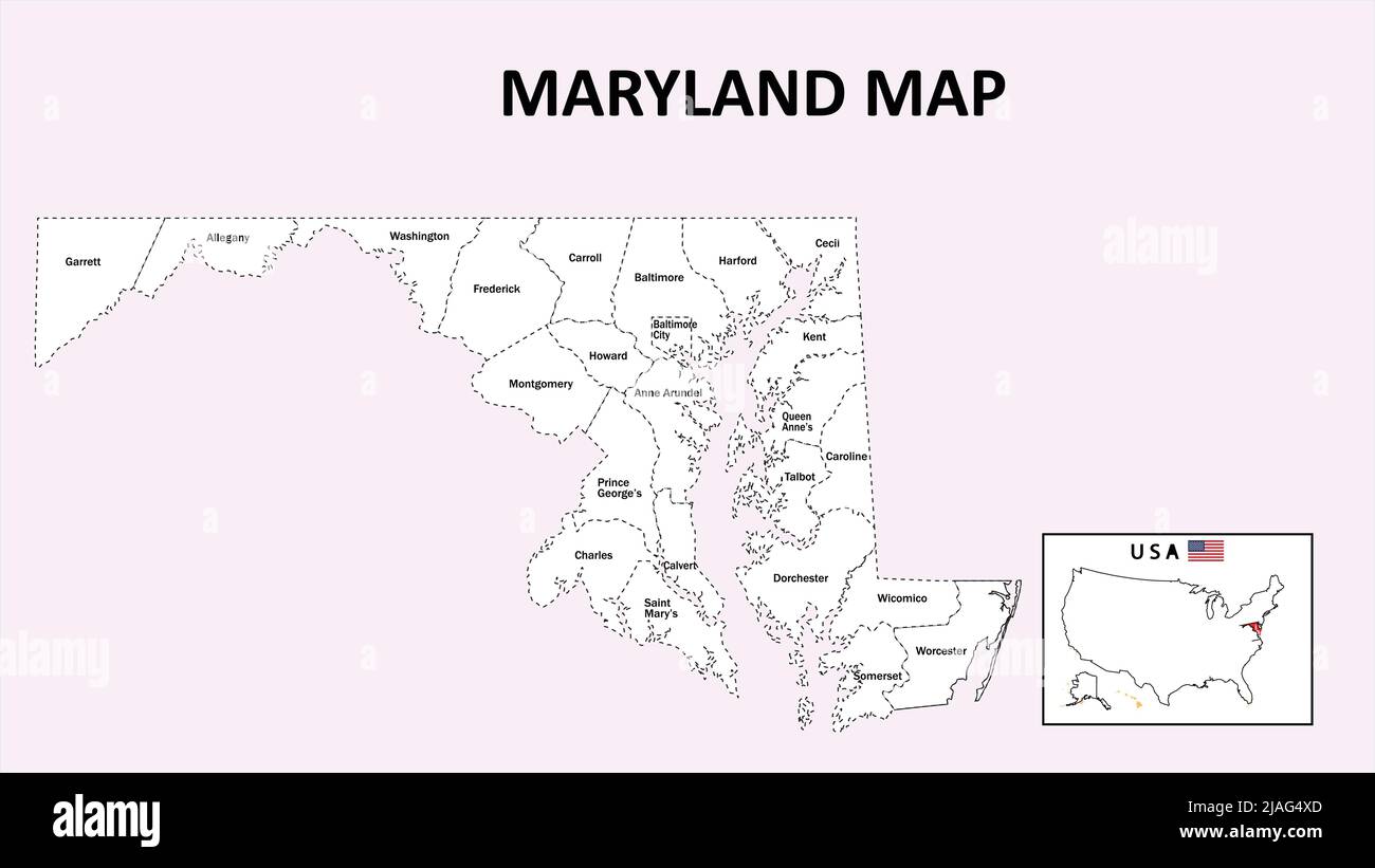Maryland Map. State and district map of Maryland. Administrative map of Maryland with district and capital in white color. Stock Vector