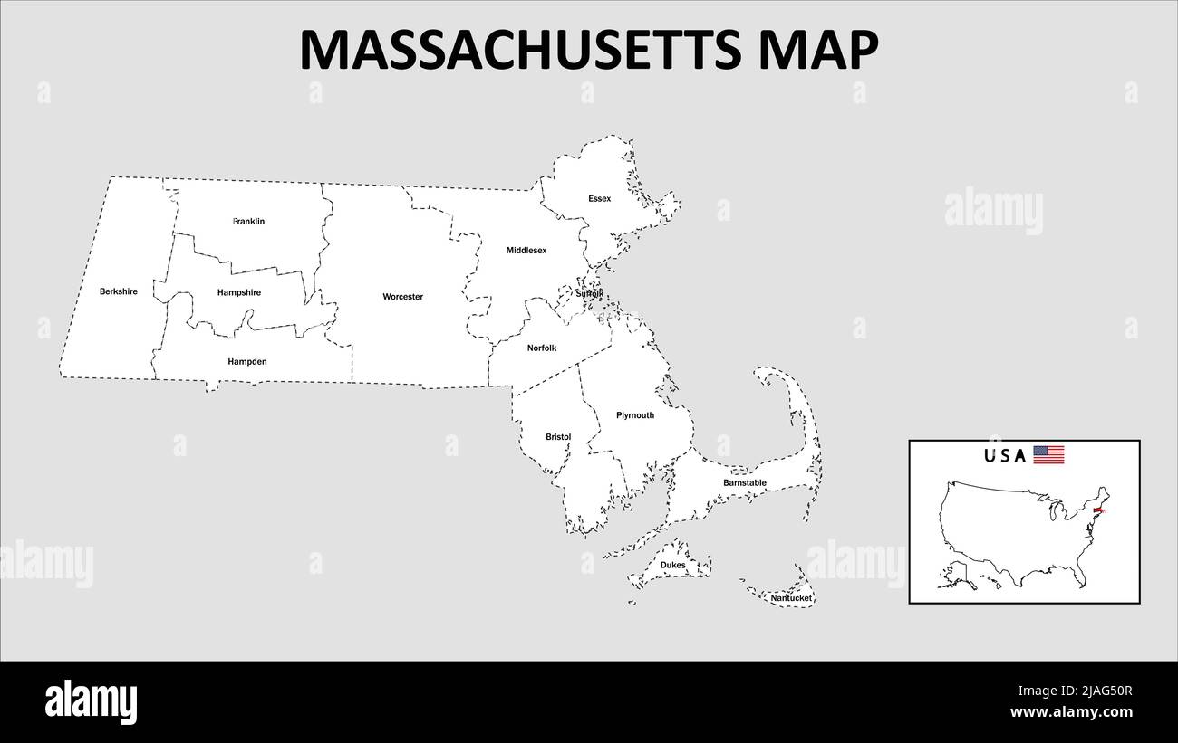 Massachusetts Map. State and district map of Massachusetts. Administrative map of Massachusetts with district and capital in white color. Stock Vector
