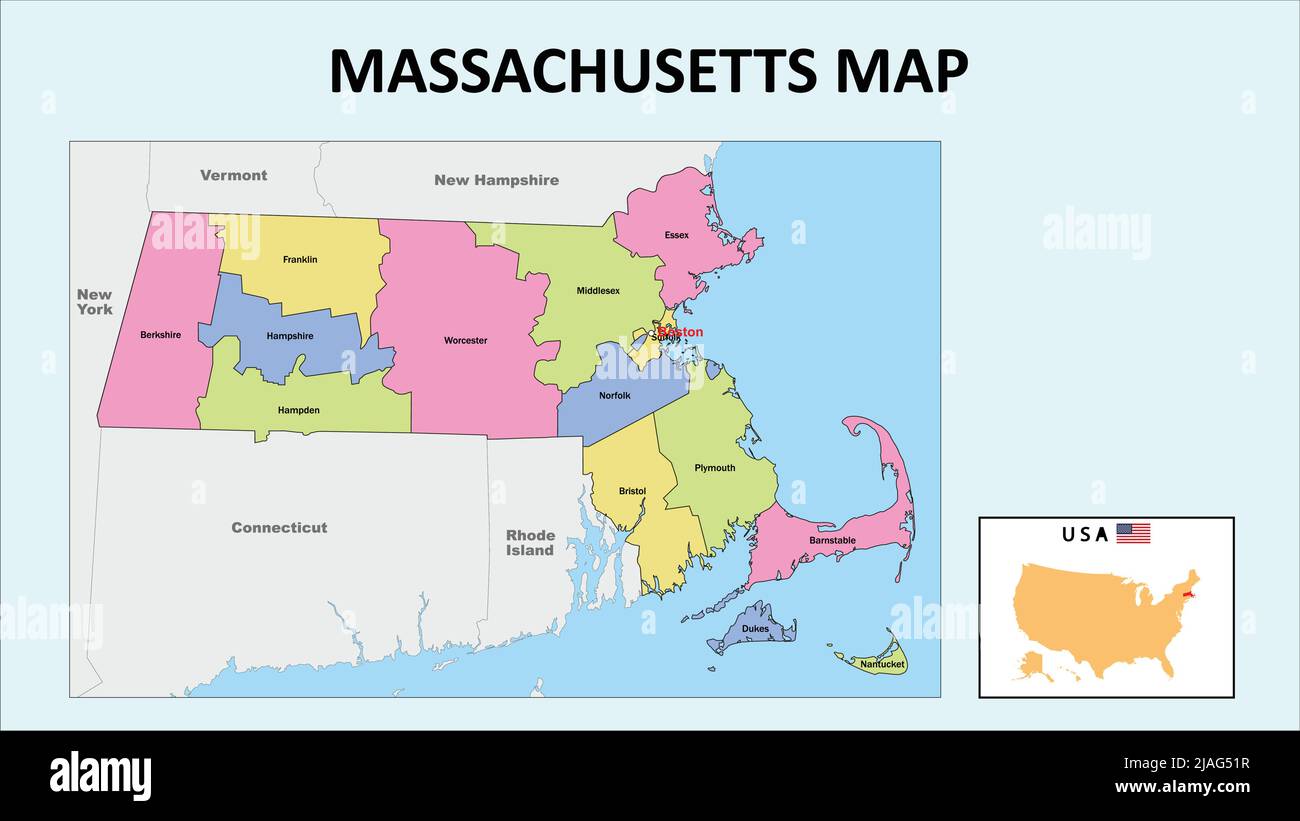 Massachusetts Map. State and district map of Massachusetts. Political map of Massachusetts with neighboring countries and borders. Stock Vector