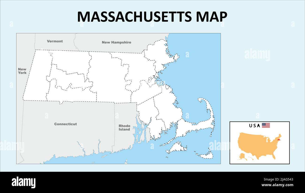 Massachusetts Map. Political map of Massachusetts with boundaries in Outline. Stock Vector