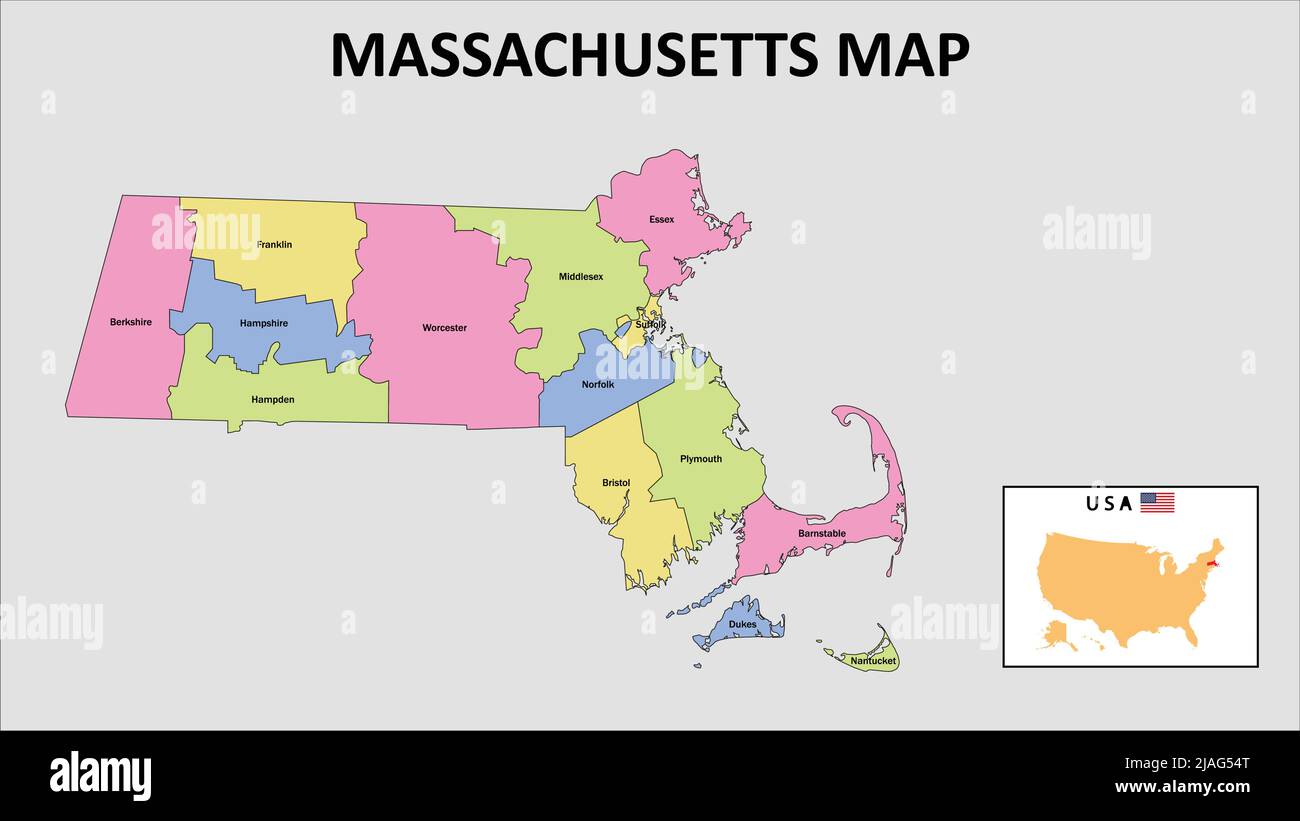 Massachusetts Map. District map of Massachusetts in 2020. District map of Massachusetts in color with capital. Stock Vector