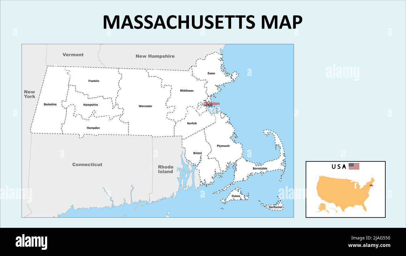 Massachusetts Map. Political map of Massachusetts with boundaries in white color. Stock Vector