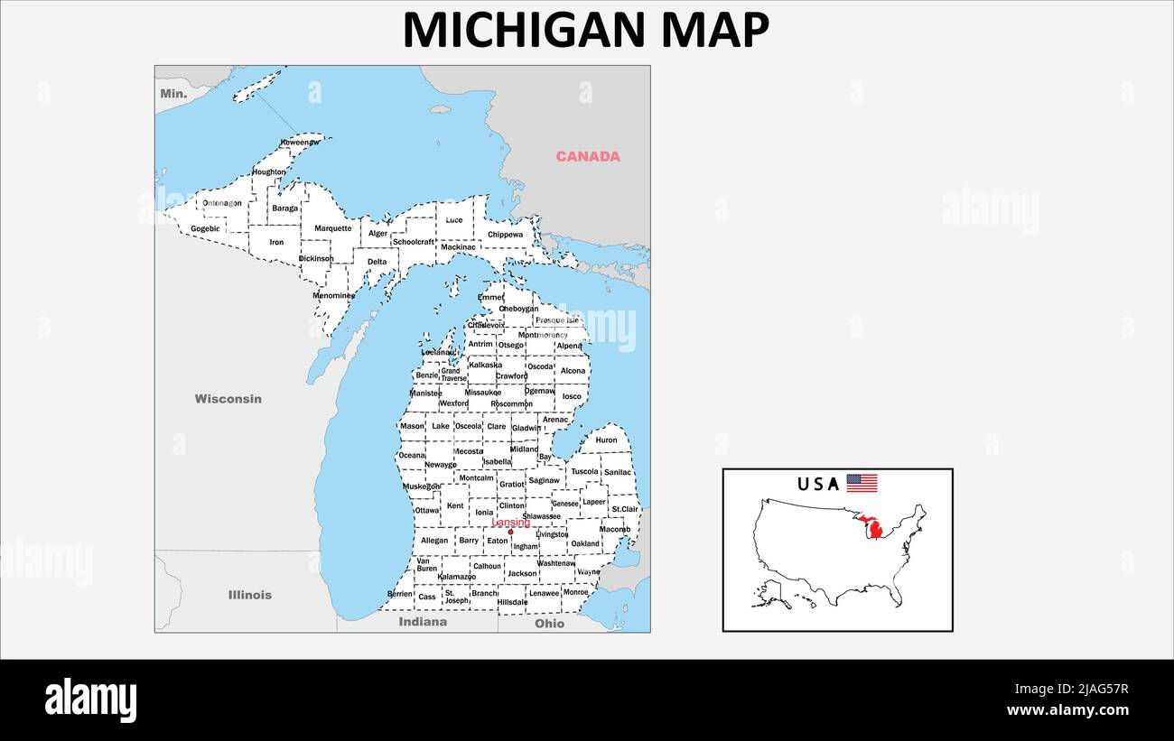 Michigan Map. Political map of Michigan with boundaries in white color