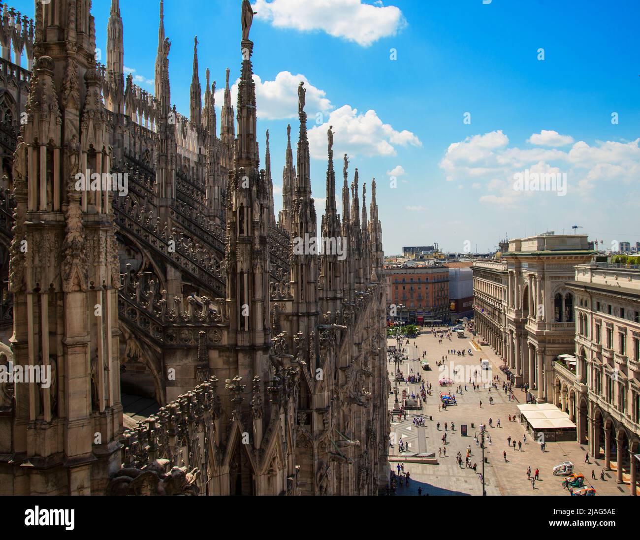 view from up top the Cathedral of Milan with a view on the street below Stock Photo