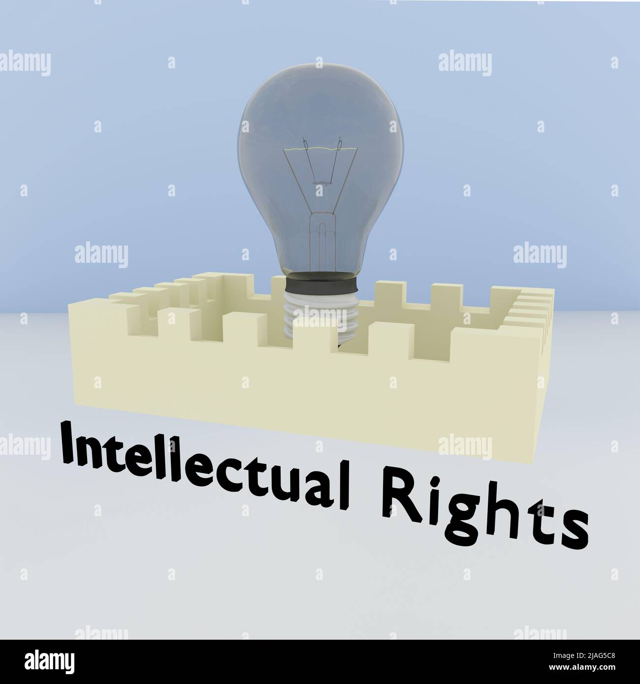 3D illustration of a light bulbs in a symbolic wall, along with the script Intellectual Rights. Stock Photo