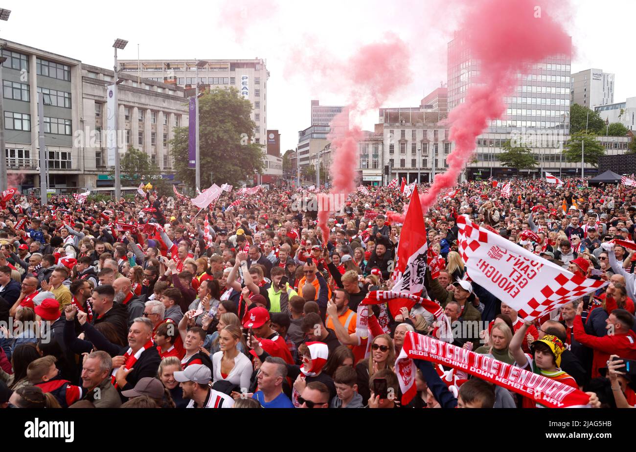 Nottingham Forest fans set off smoke flares during the celebrations in Old Market Square