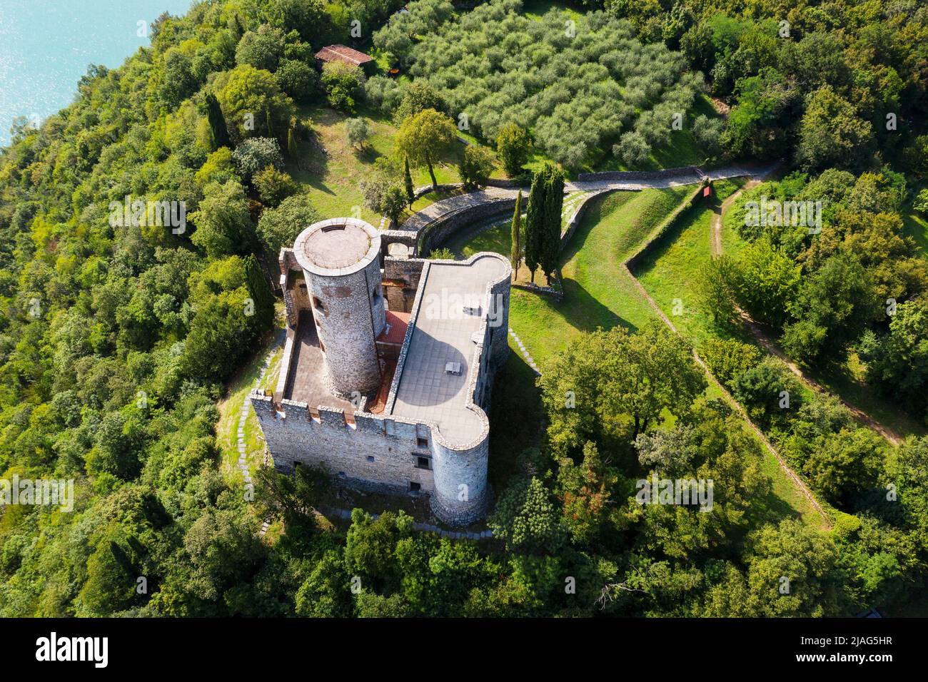 Iseo Lake (IT), Peschiera Maraglio, Oldofredi castle, aerial view Stock Photo