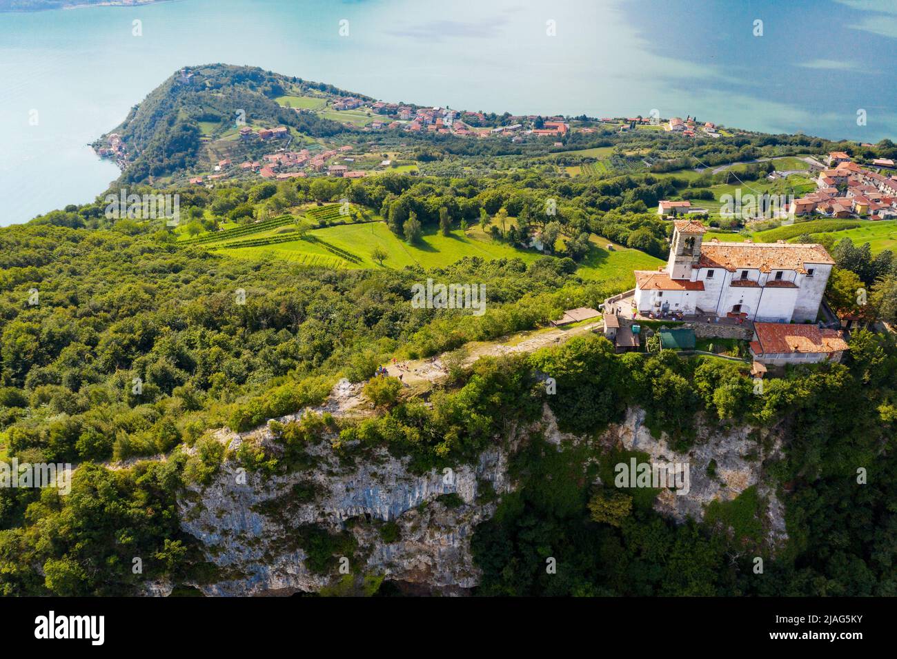 Iseo Lake (IT), Monte Isola, aerial view of the Church of the Madonna della Ceriola Stock Photo