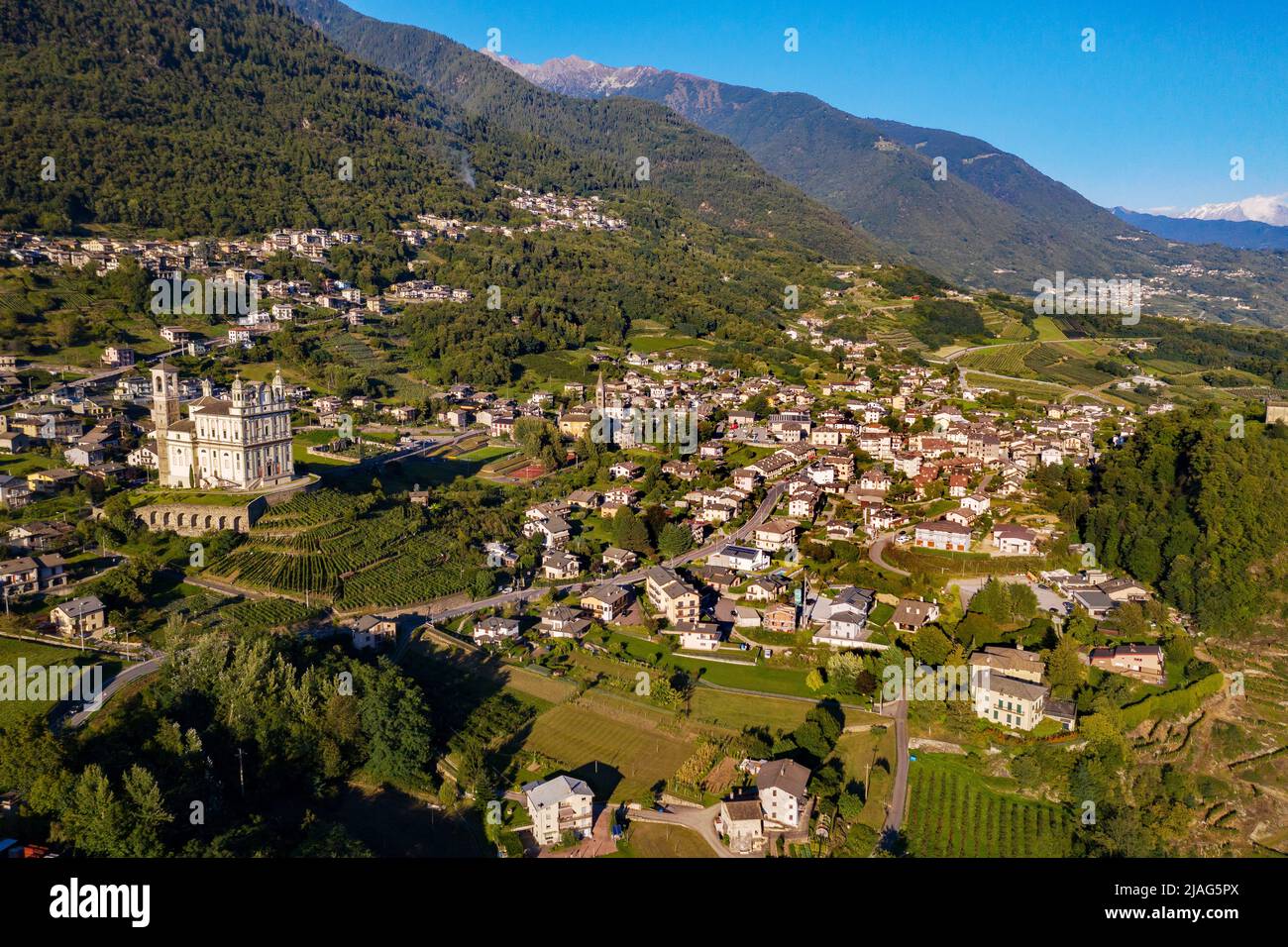 Tresivio, Valtellina (IT), Sanctuary of the Santa Casa Lauretana (1646), aerial view Stock Photo