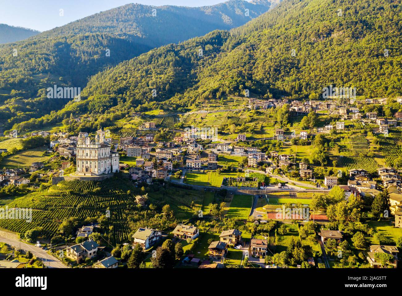 Tresivio, Valtellina (IT), Sanctuary of the Santa Casa Lauretana (1646), aerial view Stock Photo