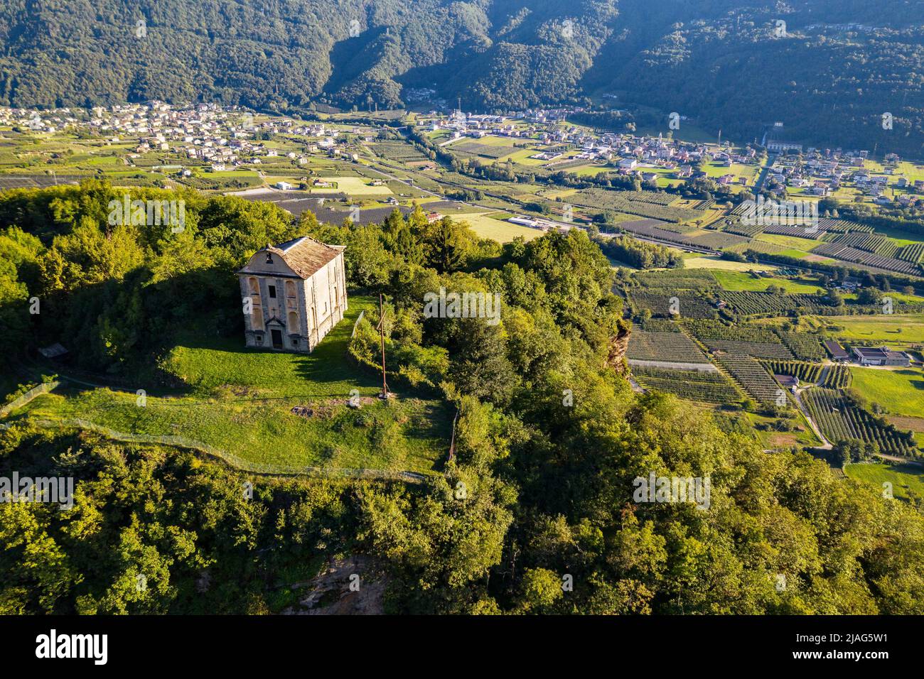Valtellina (IT), Tresivio, Aerial view of the Calvary church Stock Photo
