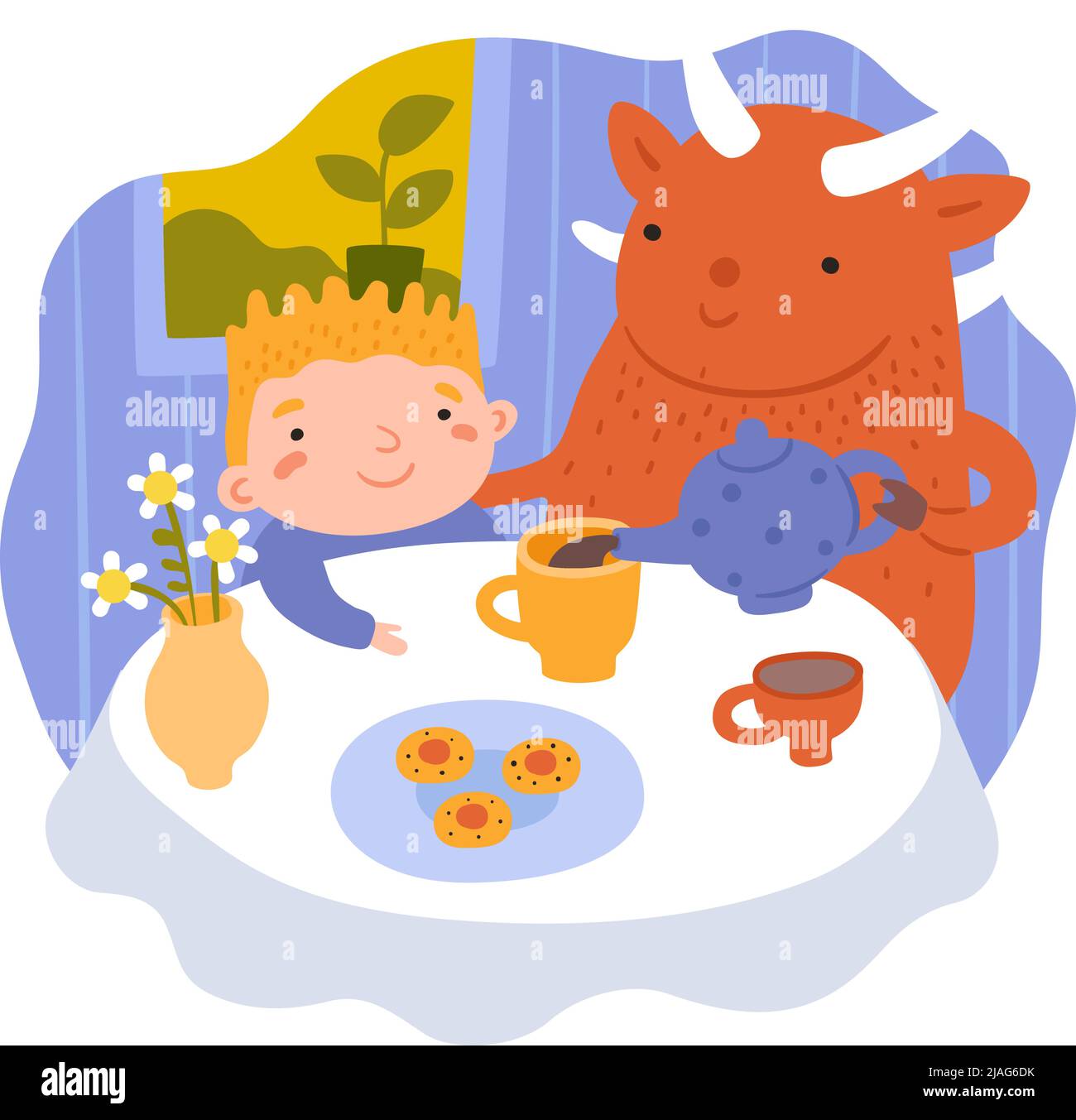 Children dreams. Little dreamer with fictional friend. Cute monster and kid drink tea at table. Imaginary animal. Bizarre creature and happy boy Stock Vector