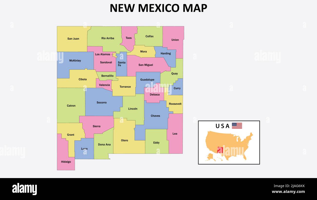 New Mexico Map. District map of New Mexico in District map of New Mexico in color with capital. Stock Vector