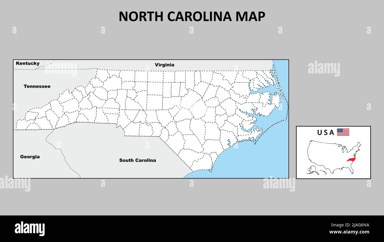 North Carolina Map. Political map of North Carolina with boundaries in Outline. Stock Vector