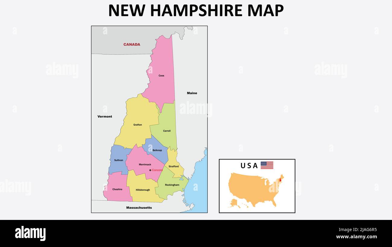 New Hampshire Map. State and district map of New Hampshire. Political map of New Hampshire with neighboring countries and borders. Stock Vector