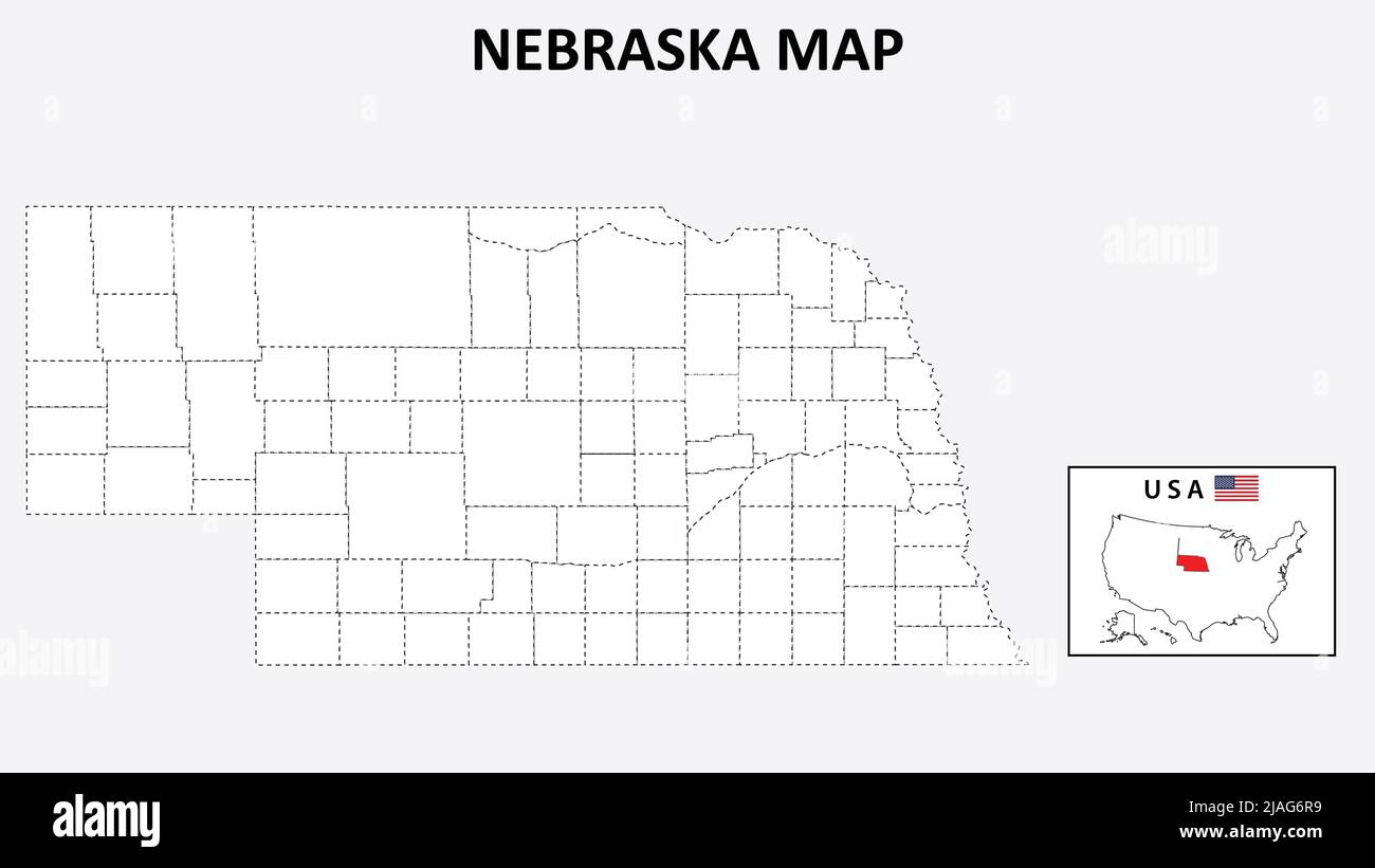 Nebraska Map. State and district map of Nebraska. Political map of Nebraska with outline and black and white design. Stock Vector