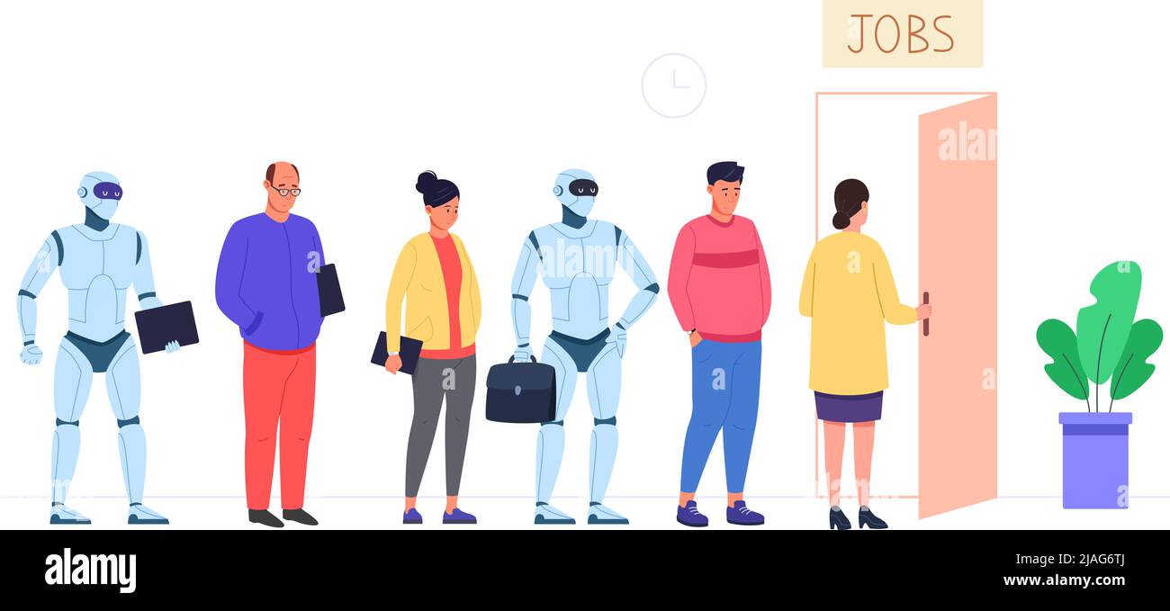 Robot job interview. Work robots in recruit future jobs, science