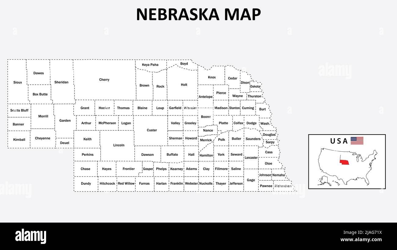 Nebraska Map. State and district map of Nebraska. Administrative map of
