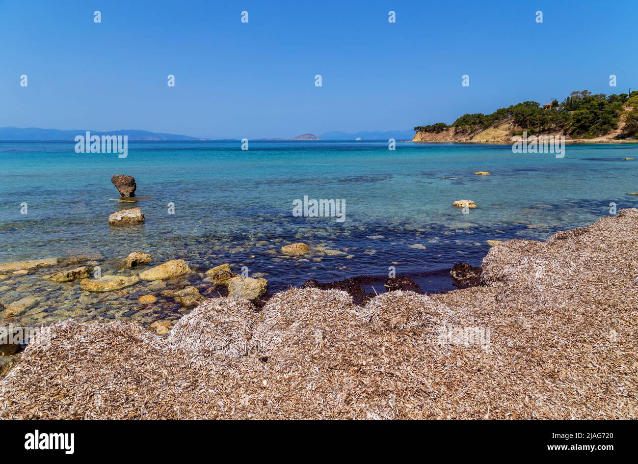 The wild coast of Aegina island with clear and blue waters of Mediterranean sea in the Saronic gulf, Greece. Stock Photo
