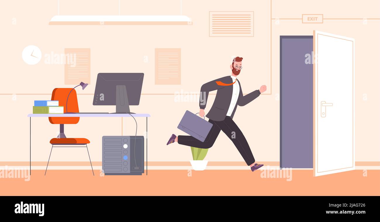 Employee run away office. Worker with suitcase leaving work desk running to exit door on lunch