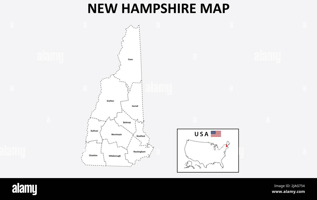 New Hampshire Map. State and district map of New Hampshire. Administrative map of New Hampshire with district and capital in white color. Stock Vector