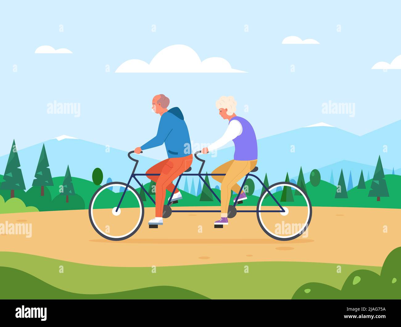Seniors tandem bike. Old couple ride on couplebike, grandpa grandmother