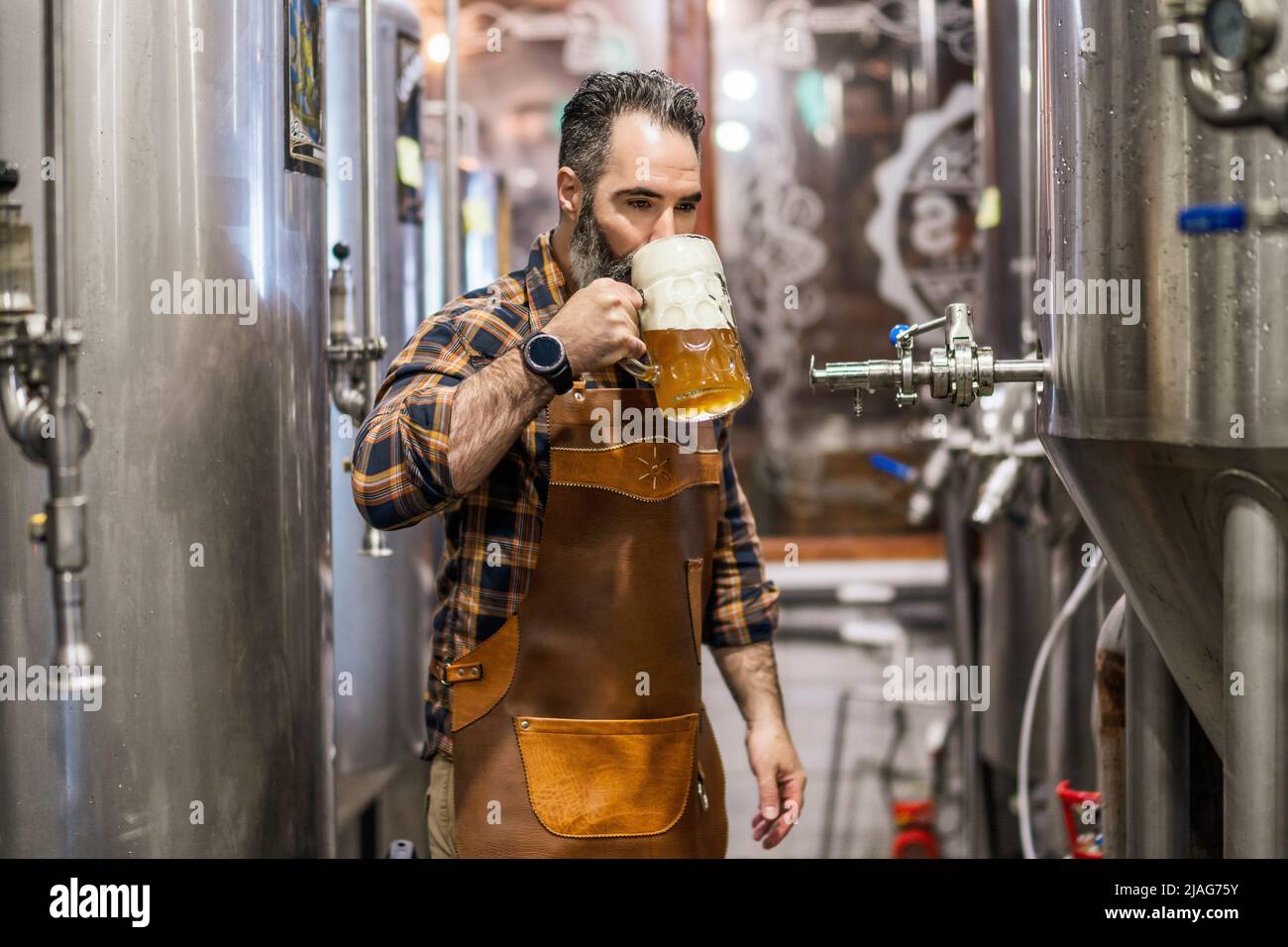 Bearded brewery master tasting beer in production facility. Small