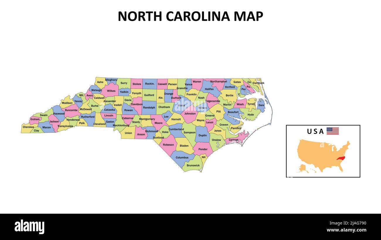 North Carolina Map. District map of North Carolina in District map of North Carolina in color with capital. Stock Vector