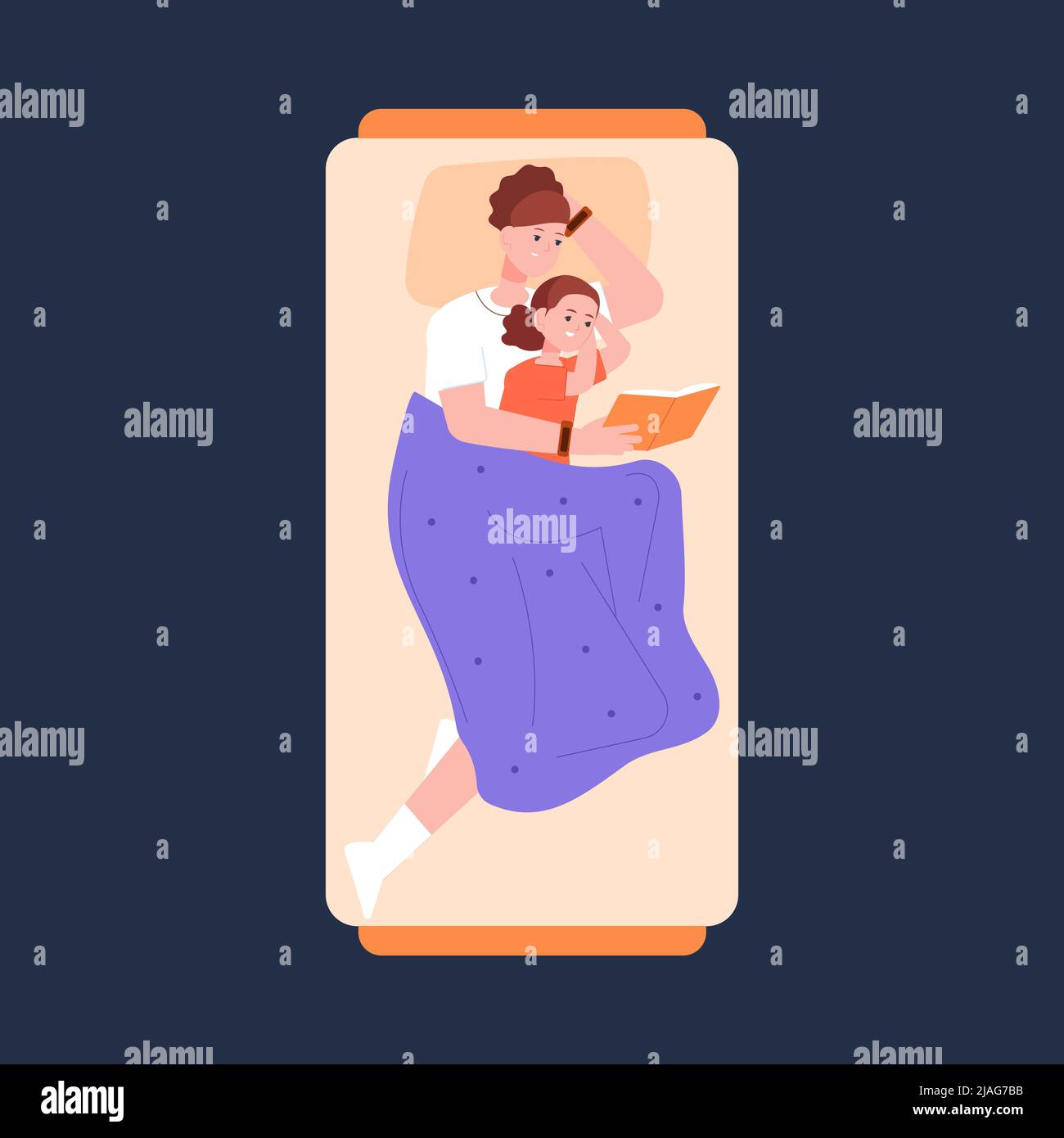 Mom and child reading in bed. Mother read kid fairy story bedtime, night book storytelling, love parent care baby home evening mum with children family routine, vector illustration. Mother and kid Stock Vector