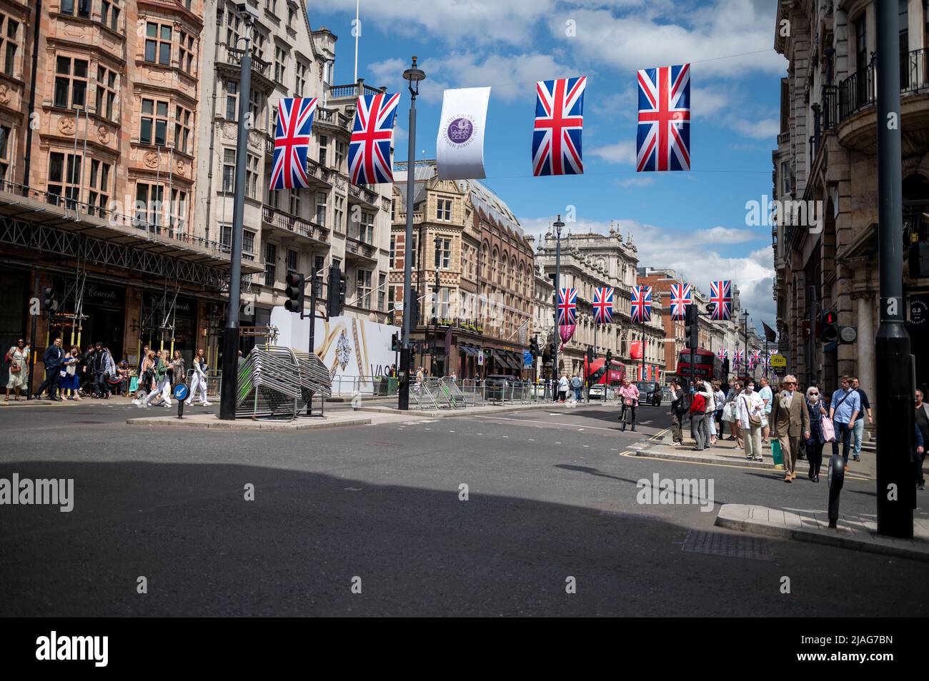 main street in London with union jacks celebrating Jubilee Stock Photo