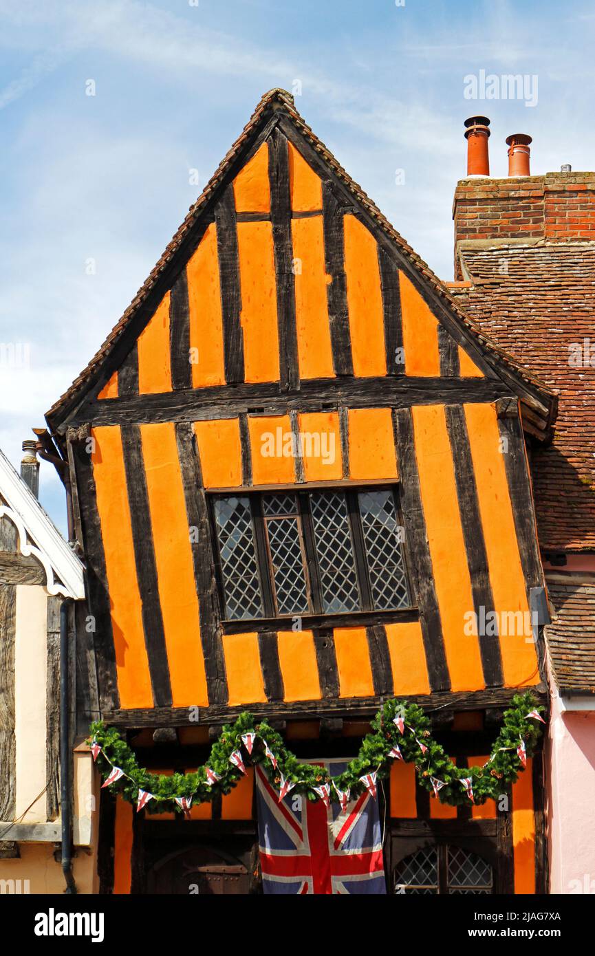 A view of the first floor of the 14th century timber-framed Crooked House in the High Street at Lavenham, Suffolk, England, United Kingdom. Stock Photo